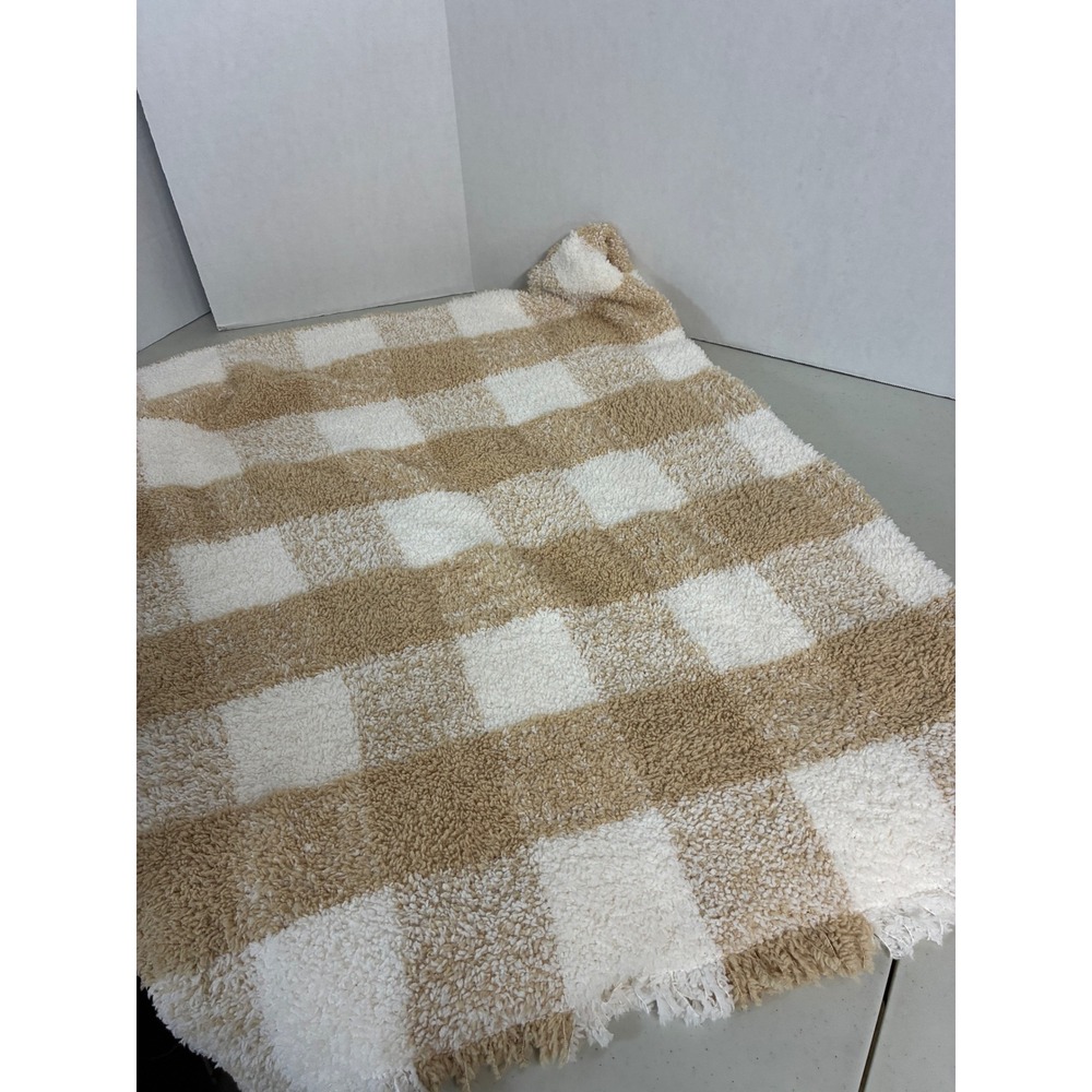Room Essentials Tan White Checkered Plush Throw Blanket Fringed‎